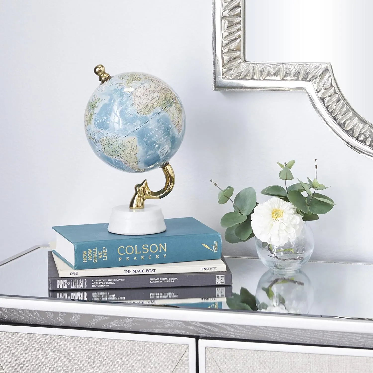 Deco 79 Aluminum Metal World Globe with Marble Base, Desk Globe 6" x 6" x 11", Blue