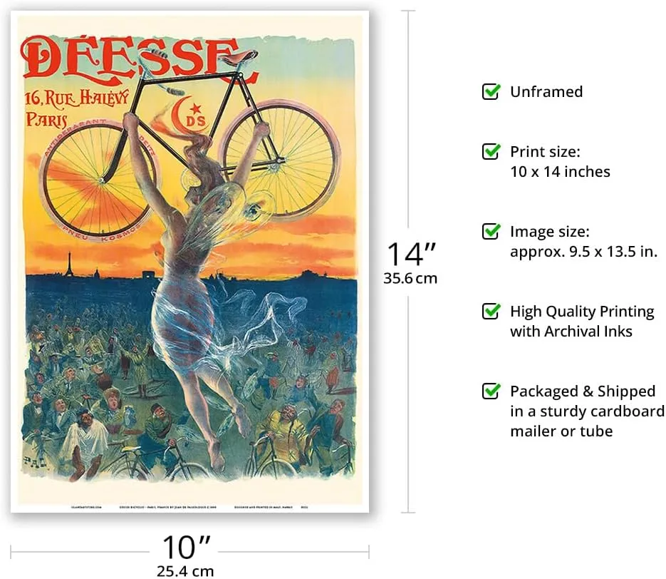 Déesse Bicycles - Paris France - Winged Goddess - Vintage Advertising Poster by Jean de Paleologue c.1898 - Master Art Print 10in x 14in
