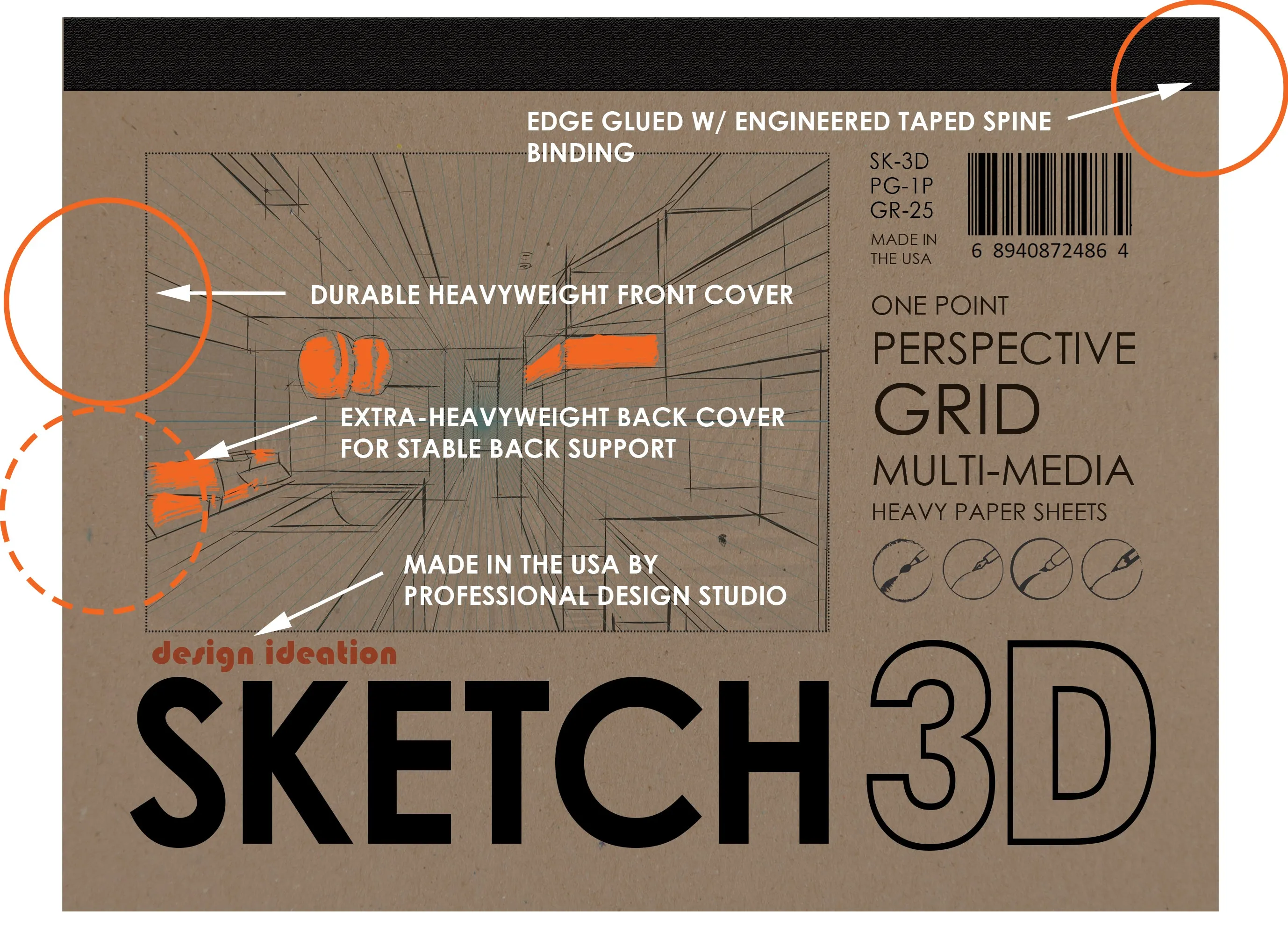 Design Ideation PERSPECTIVE GRID PAD. Removable Sheet. Multi-Media. 1 Point. Grey. (8.5" x 11") PAD-2550-TS