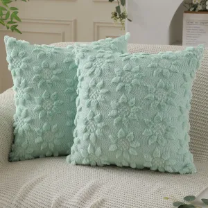 DFXSZ Spring Summer Pillow Covers 18x18 inch Set of 2 Farmhouse Decor White Flower Heart Sunflower Green Soft Plush Faux Fur Jacquard Throw Pillows for Sofa Holiday Spring Home Decor PTK024F18