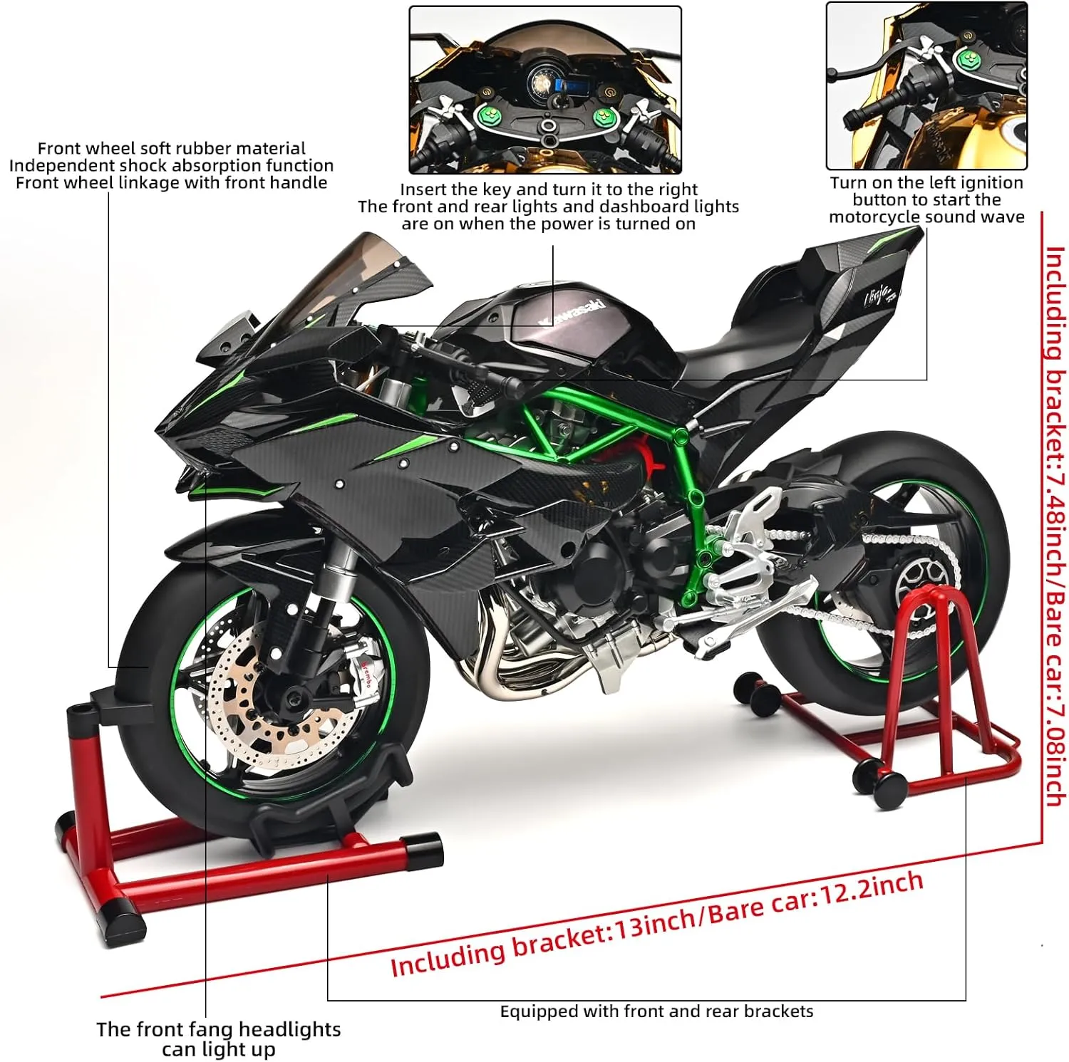 Die Cast Motorcycle 1:6 Scale for Kawasaki H2R Motorcycle Alloy Racing Motorcycles Model Power Kawasaki Ninja H2R Toy Motorcycles Collection H2R Kawasaki Model Motorcycles（Carbon Fiber Black）