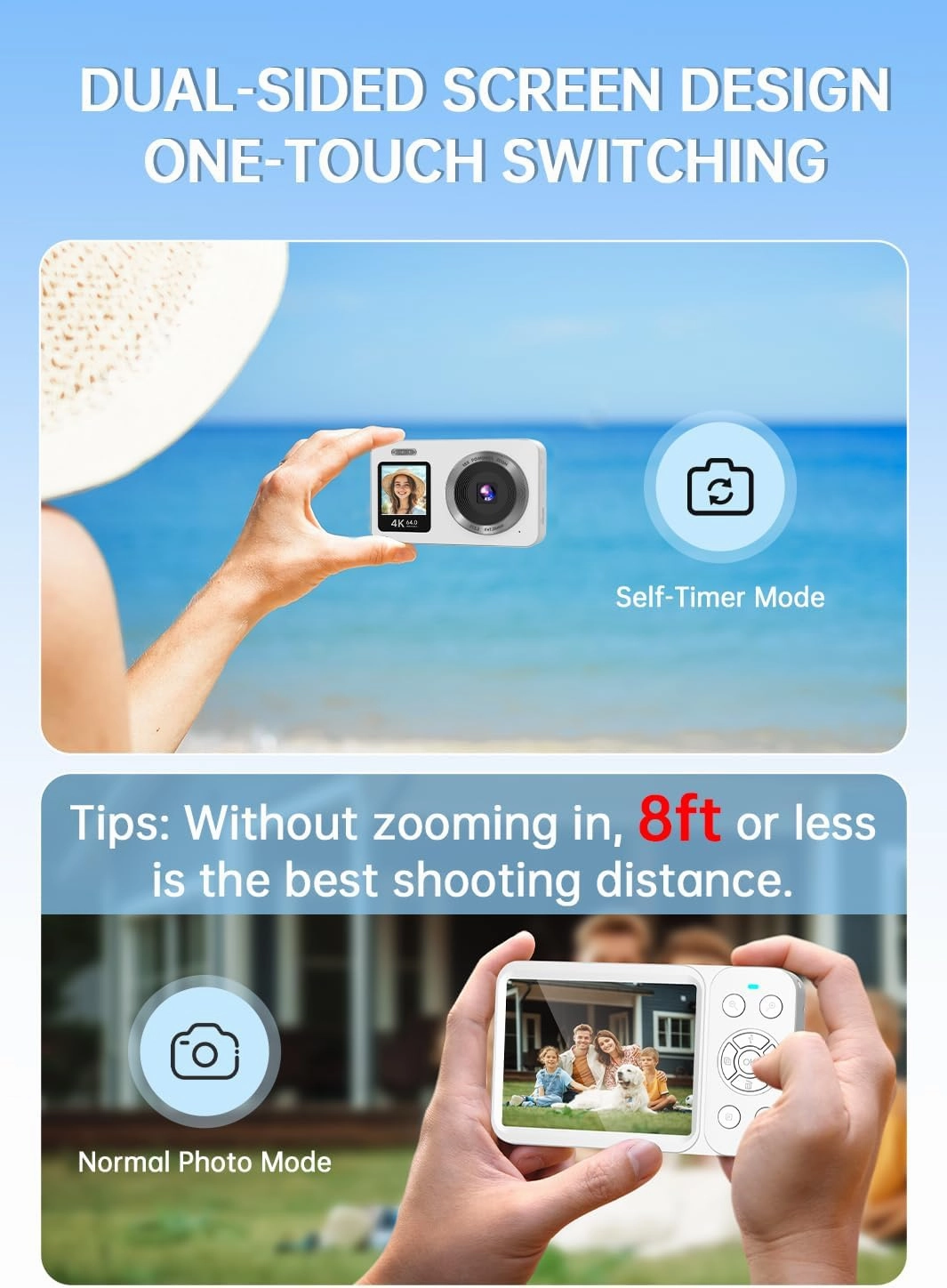 Digital Camera, 4K 64MP UHD Dual Screens Camera, 18X Zoom, Portable Small Point and Shoot Digital Cameras with 64GB TF Card, 2 Rechargeable Batteries for Kids, Teens, Adult, Selfies, Gifts- White