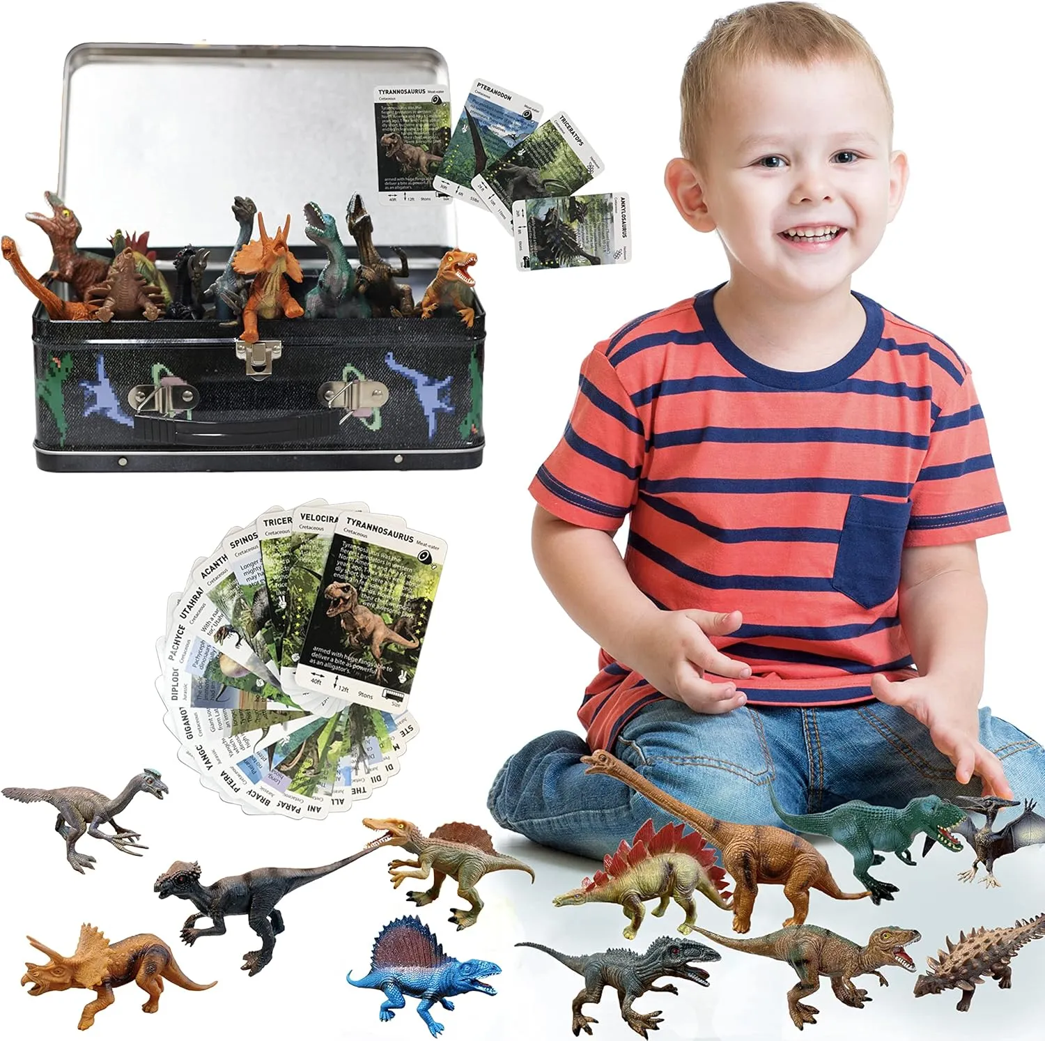 Dinotown Dinosaur Toys with 12 Figures, Tin Storage Box, Playing Mat and 20 Playing Cards - Gift for Boys and Girls