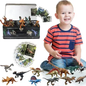 Dinotown Dinosaur Toys with 12 Figures, Tin Storage Box, Playing Mat and 20 Playing Cards - Gift for Boys and Girls