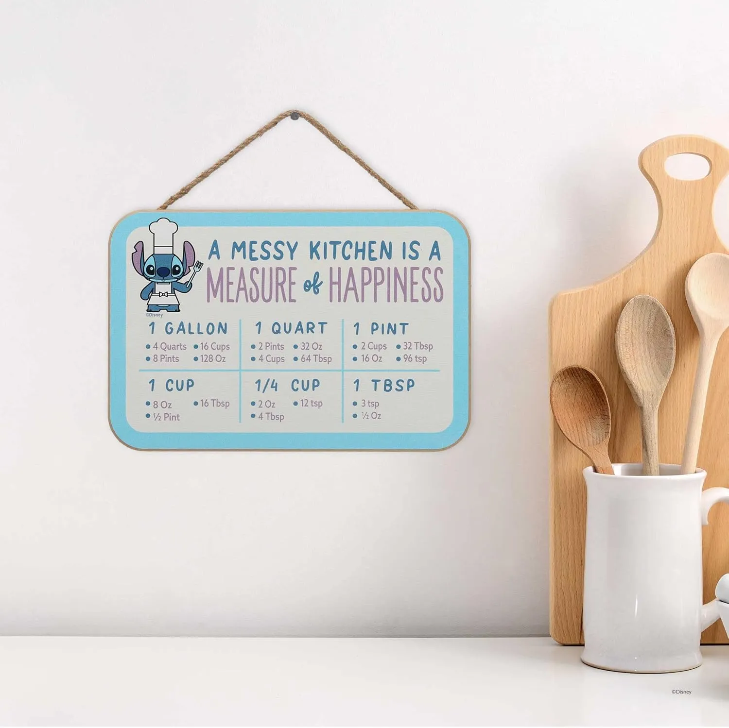 Disney Lilo and Stitch A Messy Kitchen is a Measure of Happiness Hanging Wood Measuring Sign - Cute Stitch Conversion Chart for Kitchen