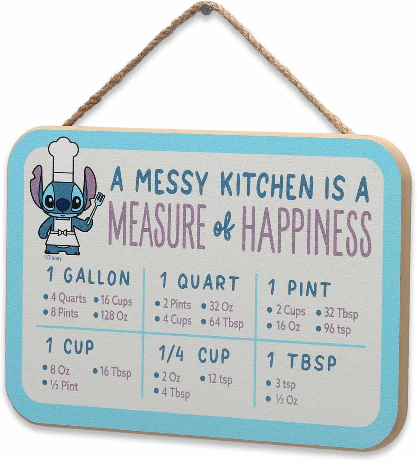 Disney Lilo and Stitch A Messy Kitchen is a Measure of Happiness Hanging Wood Measuring Sign - Cute Stitch Conversion Chart for Kitchen