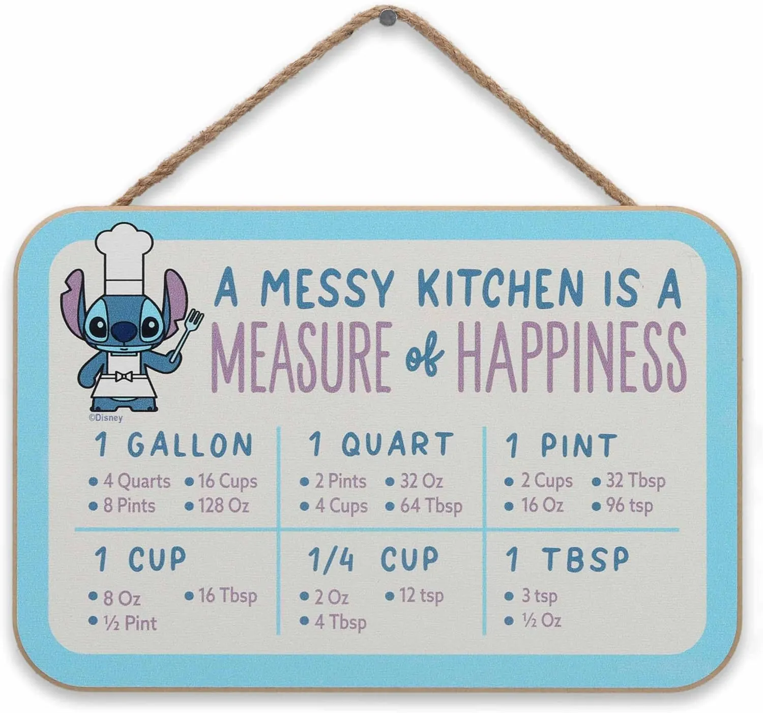 Disney Lilo and Stitch A Messy Kitchen is a Measure of Happiness Hanging Wood Measuring Sign - Cute Stitch Conversion Chart for Kitchen