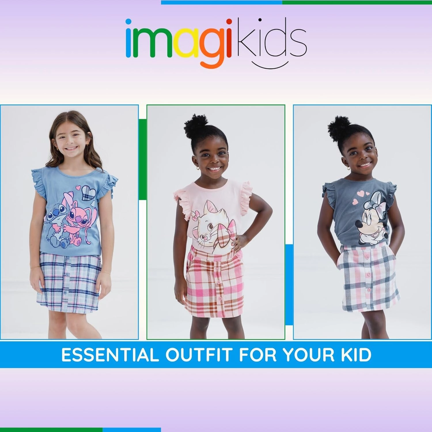 Disney Lilo & Stitch The Aristocats Minnie Mouse Girls T-Shirt and Plaid Skirt Toddler to Big Kid