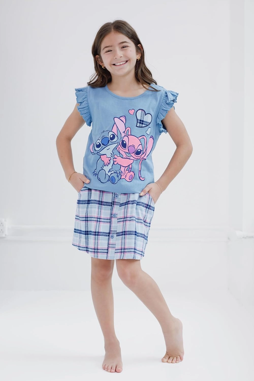 Disney Lilo & Stitch The Aristocats Minnie Mouse Girls T-Shirt and Plaid Skirt Toddler to Big Kid
