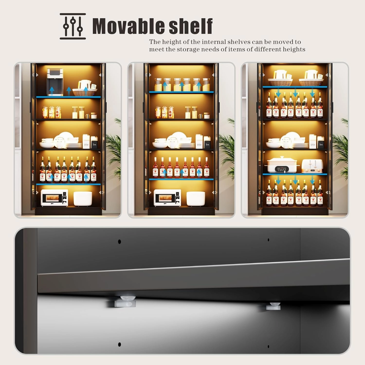 Display Cabinet with Doors and Adjustable Shelves, 65" Tall Bookcase with LED Lights/Human Sensor, 5 Tier Display Case for Collectibles Bedroom Living Room Office, Black - Smoked Black Door