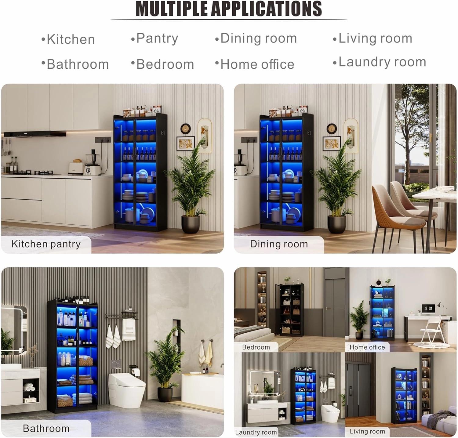 Display Cabinet with Doors and Adjustable Shelves, 65" Tall Bookcase with LED Lights/Human Sensor, 5 Tier Display Case for Collectibles Bedroom Living Room Office, Black - Smoked Black Door