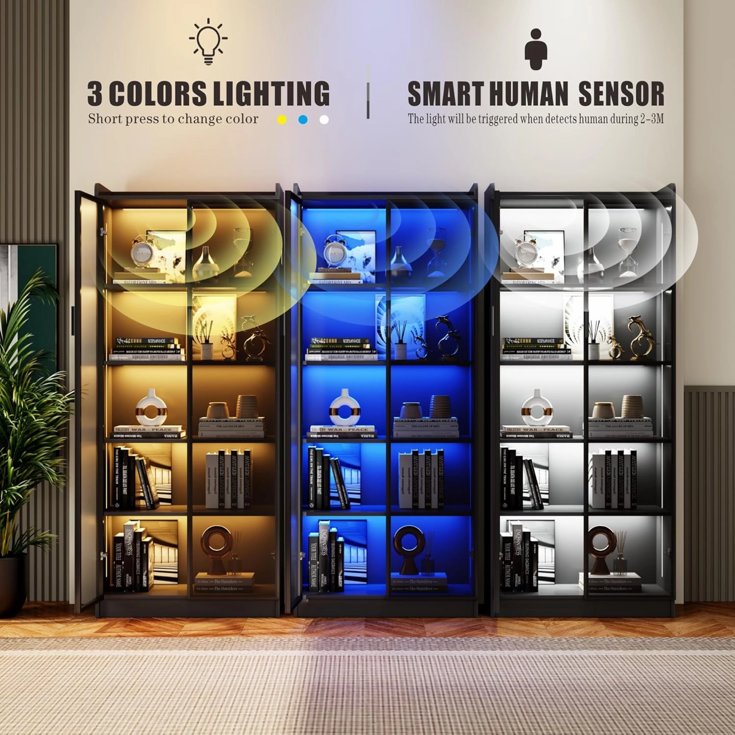 Display Cabinet with Doors and Adjustable Shelves, 65" Tall Bookcase with LED Lights/Human Sensor, 5 Tier Display Case for Collectibles Bedroom Living Room Office, Black - Smoked Black Door