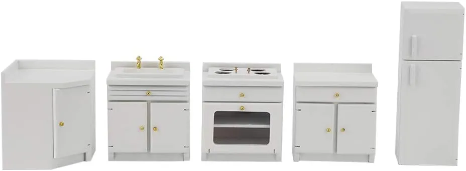 Dollhouse Miniature Integral Kitchen Furniture, White Cooking Table Combination (Refrigerator Four Piece Set) for 1:12 Dollhouse(Mini Kitchen Furniture)