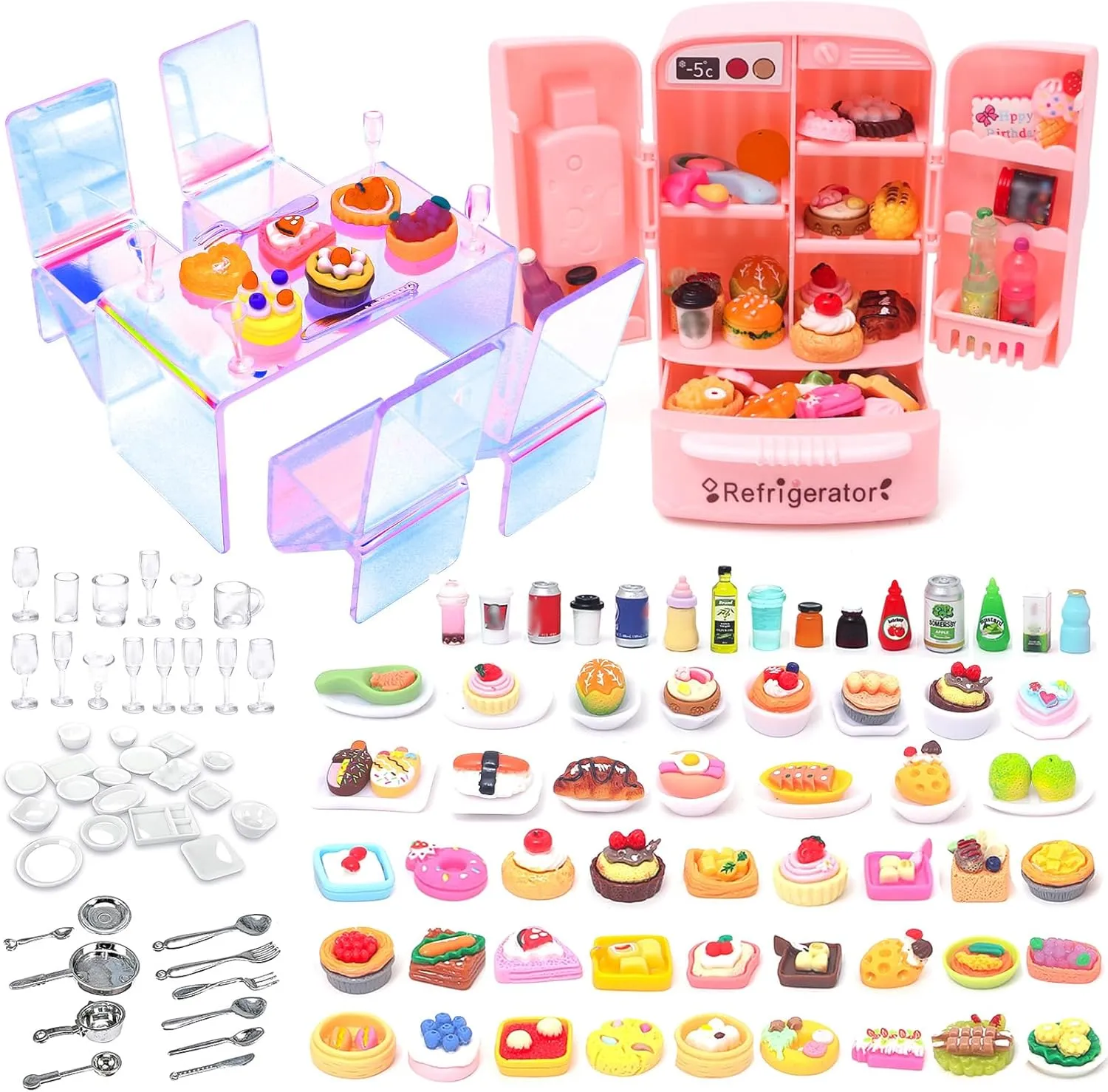 Dollhouse Refrigerator Mini Fridge Table Dining Food Set Kitchen Furniture Miniatures Party Fruits Juice Milk Desserts Drink Cake Pretend Play Game for Children