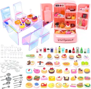 Dollhouse Refrigerator Mini Fridge Table Dining Food Set Kitchen Furniture Miniatures Party Fruits Juice Milk Desserts Drink Cake Pretend Play Game for Children