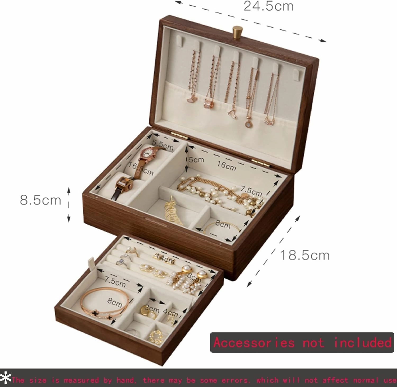 Double layer, Wooden Jewelry Box with Lock & Key for Women, Storage Earrings Storage Organizer, 25x19x9cm, velvet cloth, Caring for Jewelry, Bracelet, Watch, Necklace, Earrings, and Accessories