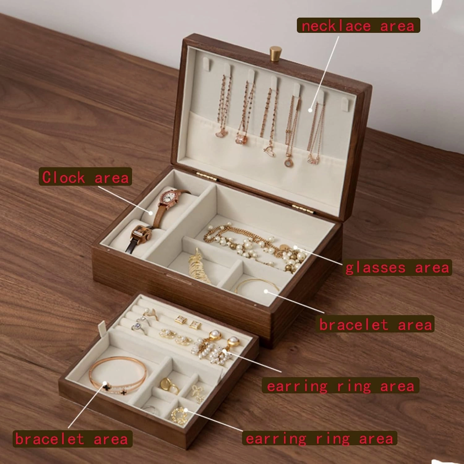 Double layer, Wooden Jewelry Box with Lock & Key for Women, Storage Earrings Storage Organizer, 25x19x9cm, velvet cloth, Caring for Jewelry, Bracelet, Watch, Necklace, Earrings, and Accessories