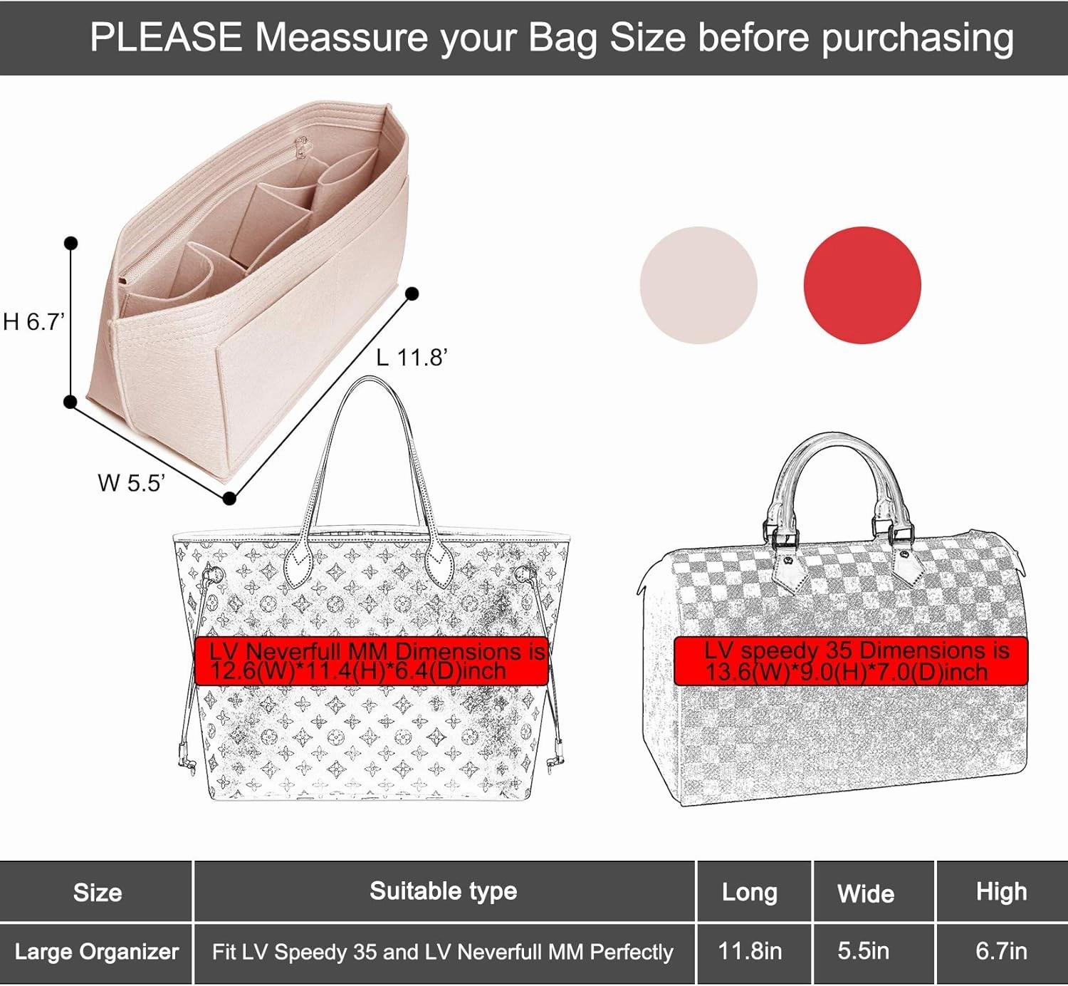 Doxo Purse Organizer Insert Handbag&Tote Felt Bag Fits for City 33 Speedy 35 and Neverfull MM(Beige-L)