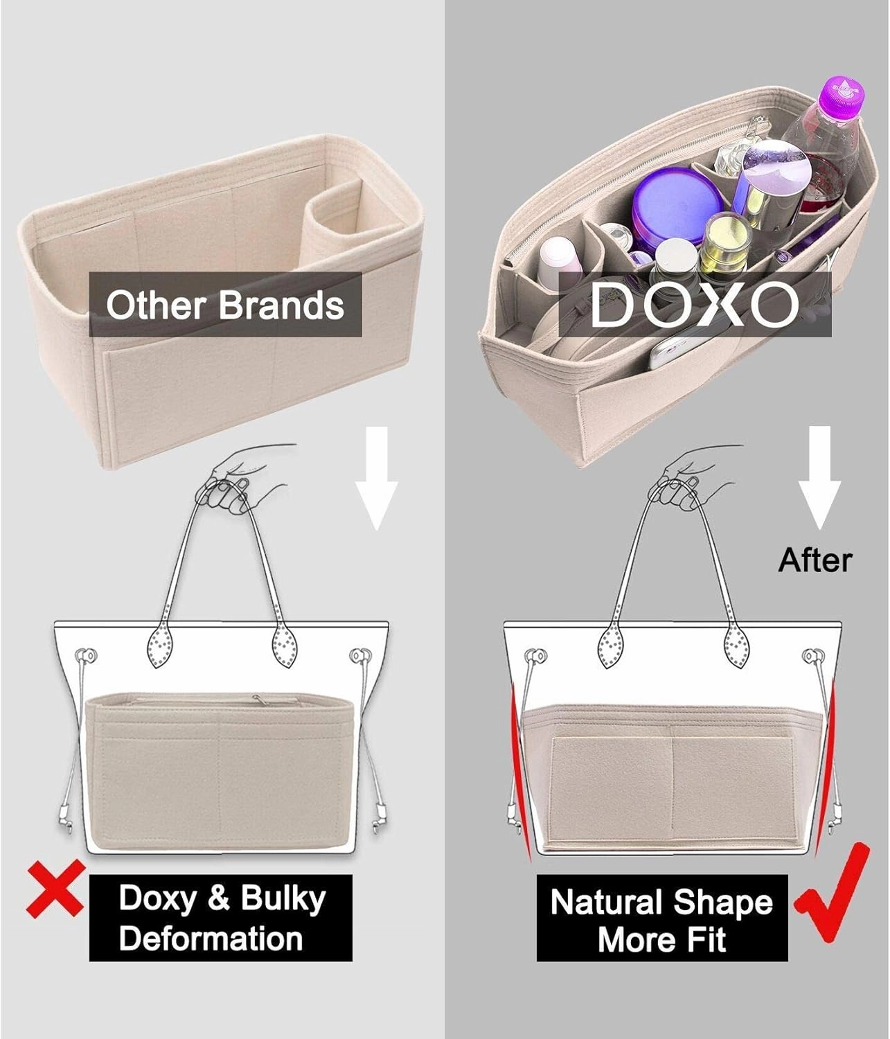 Doxo Purse Organizer Insert Handbag&Tote Felt Bag Fits for City 33 Speedy 35 and Neverfull MM(Beige-L)