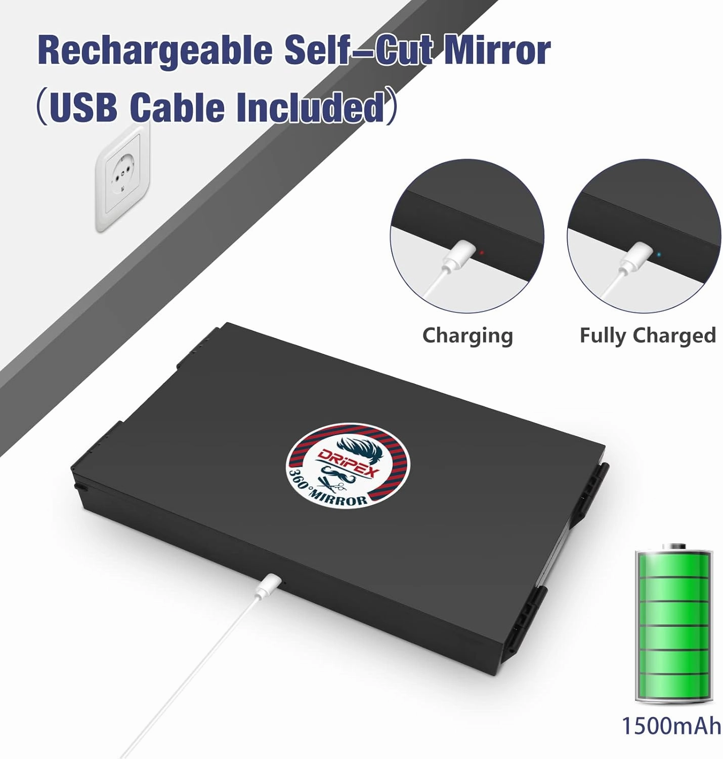 Dripex 3 Way Mirror for Self Hair Cutting, Rechargeable 360° Trifold Mirror with LED Lights and Height Adjustable Hooks, for Makeup, Styling, Shaving, Braiding, Dye Hair