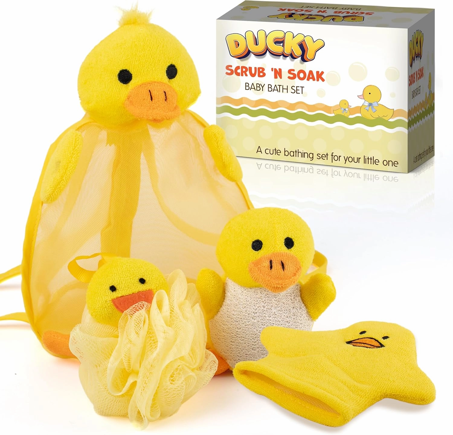 Ducky Scrub 'N Soak Baby Loofah for Bathing Set for Kids Body Scrubber Cute Cartoon Kids Loofah Bath Scrubber for Children Shower Washing Exfoliating, Baby Bath Sponge Yellow Duck Included