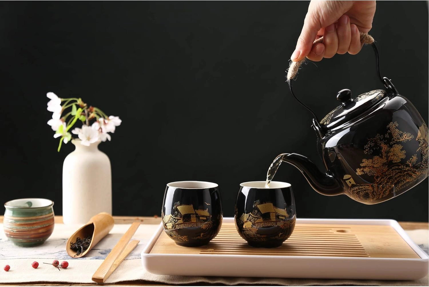Dujust Japanese Tea Set, Black Porcelain Tea Set with 1 Teapot Set, 6 Tea Cups, 1 Tea Tray, 1 Stainless Infuser, Beautiful Asian Tea Sets for Adults, Tea Lover/Women/Men (Countryside in Golden)