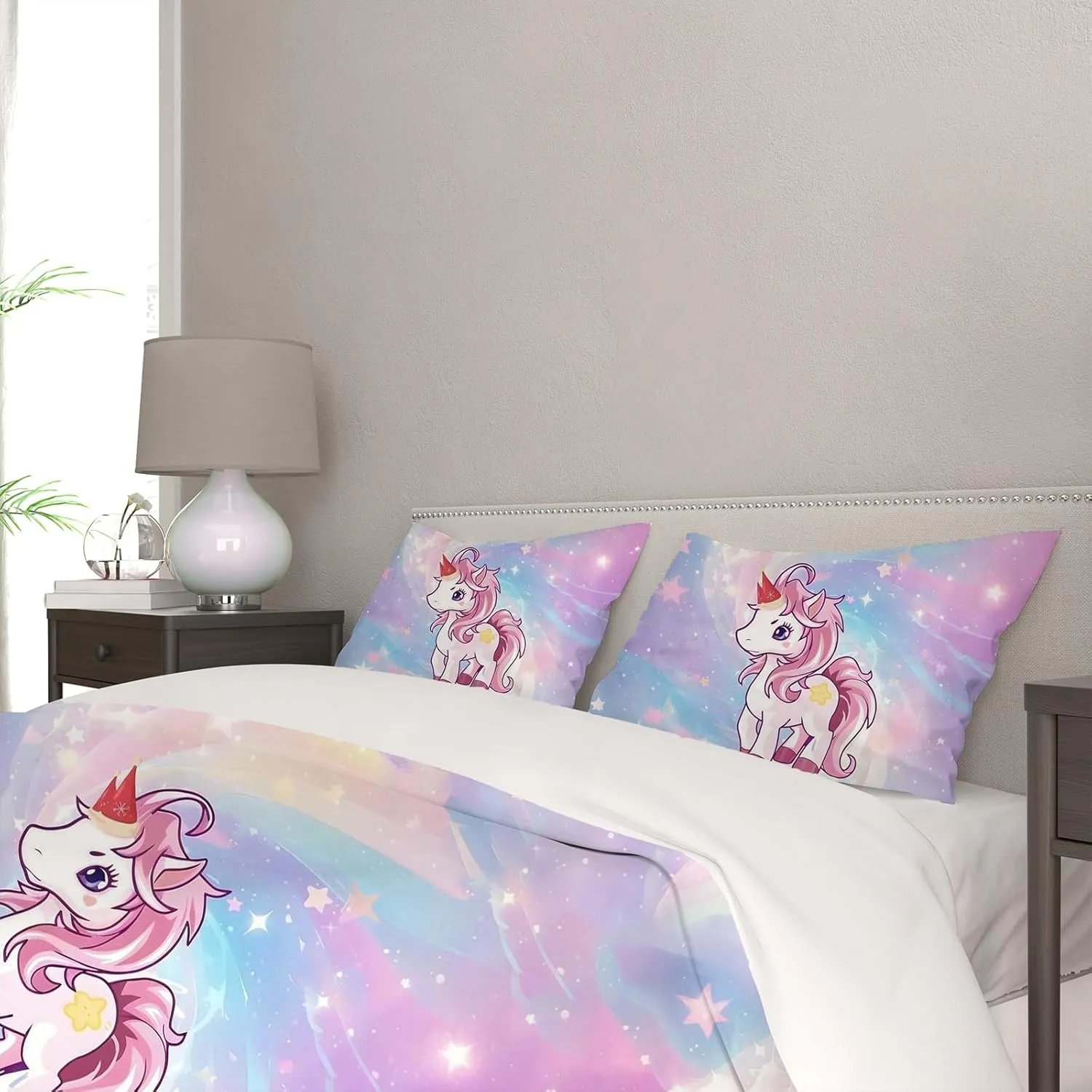 Duvet Cover Twin Size, Unicorn Duvet Cover Set for Girls Kids Teens, 3 Piece Rainbow Comforter Cover, Soft Microfiber Star Bedding Set with 2 Pillowcases (B, Twin)