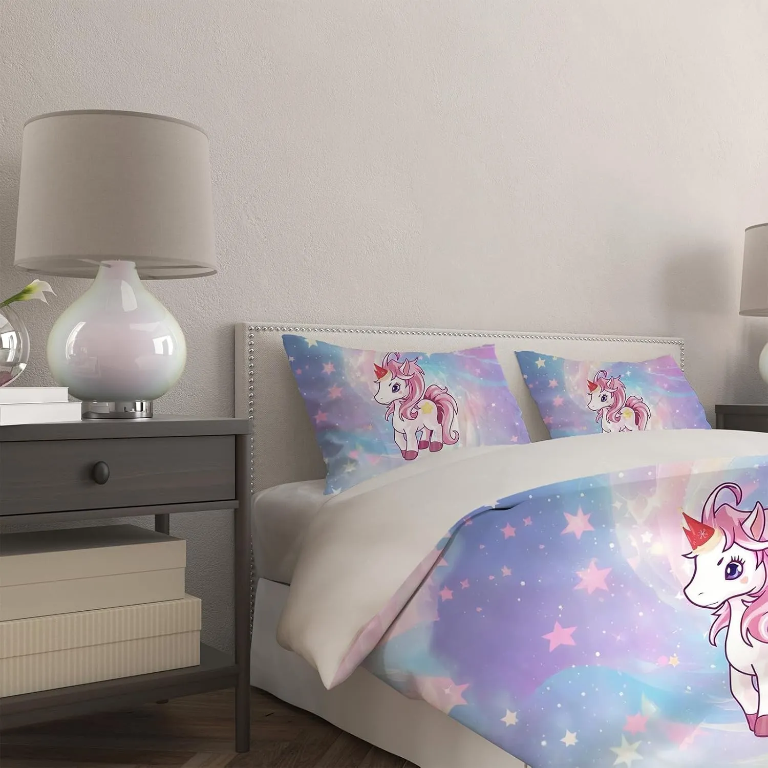 Duvet Cover Twin Size, Unicorn Duvet Cover Set for Girls Kids Teens, 3 Piece Rainbow Comforter Cover, Soft Microfiber Star Bedding Set with 2 Pillowcases (B, Twin)