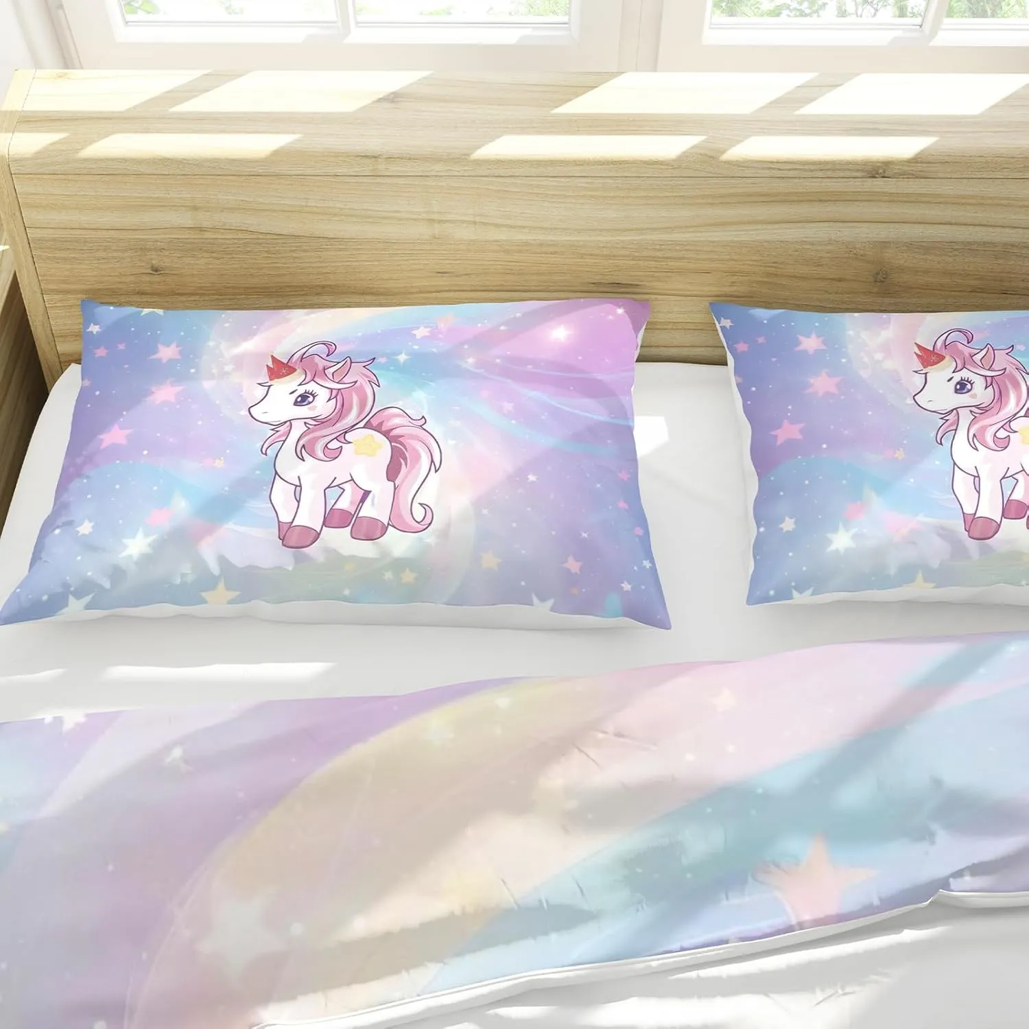 Duvet Cover Twin Size, Unicorn Duvet Cover Set for Girls Kids Teens, 3 Piece Rainbow Comforter Cover, Soft Microfiber Star Bedding Set with 2 Pillowcases (B, Twin)
