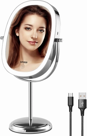 EAPUDUN 9" Makeup Mirror with Lights – 2-Sided Tabletop Vanity Mirror with 7X Magnification, 3 Color Modes, 84 LED Beads 360° Rotation Vanity & Rechargeable
