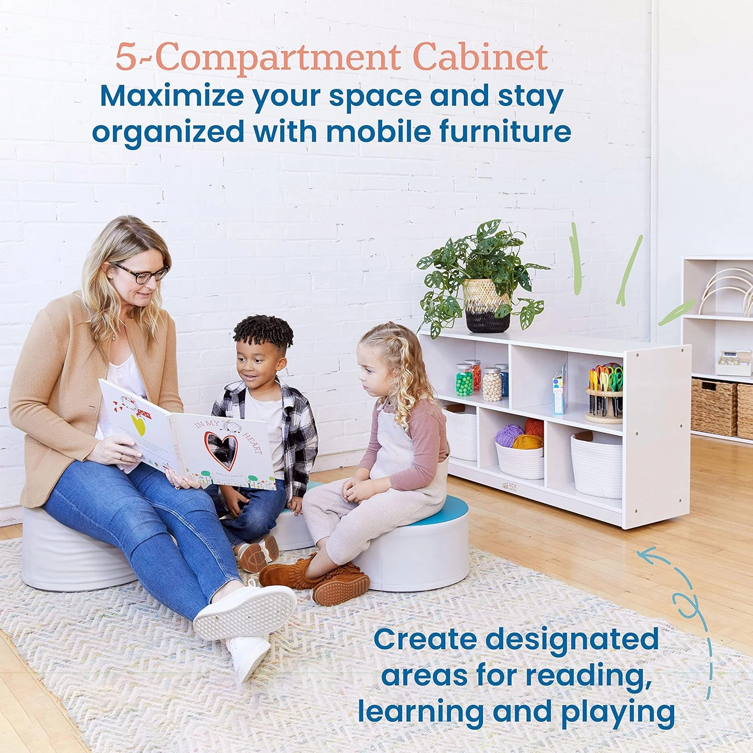 ECR4Kids 5-Compartment Mobile Storage Cabinet, 24in, Classroom Furniture, White Wash
