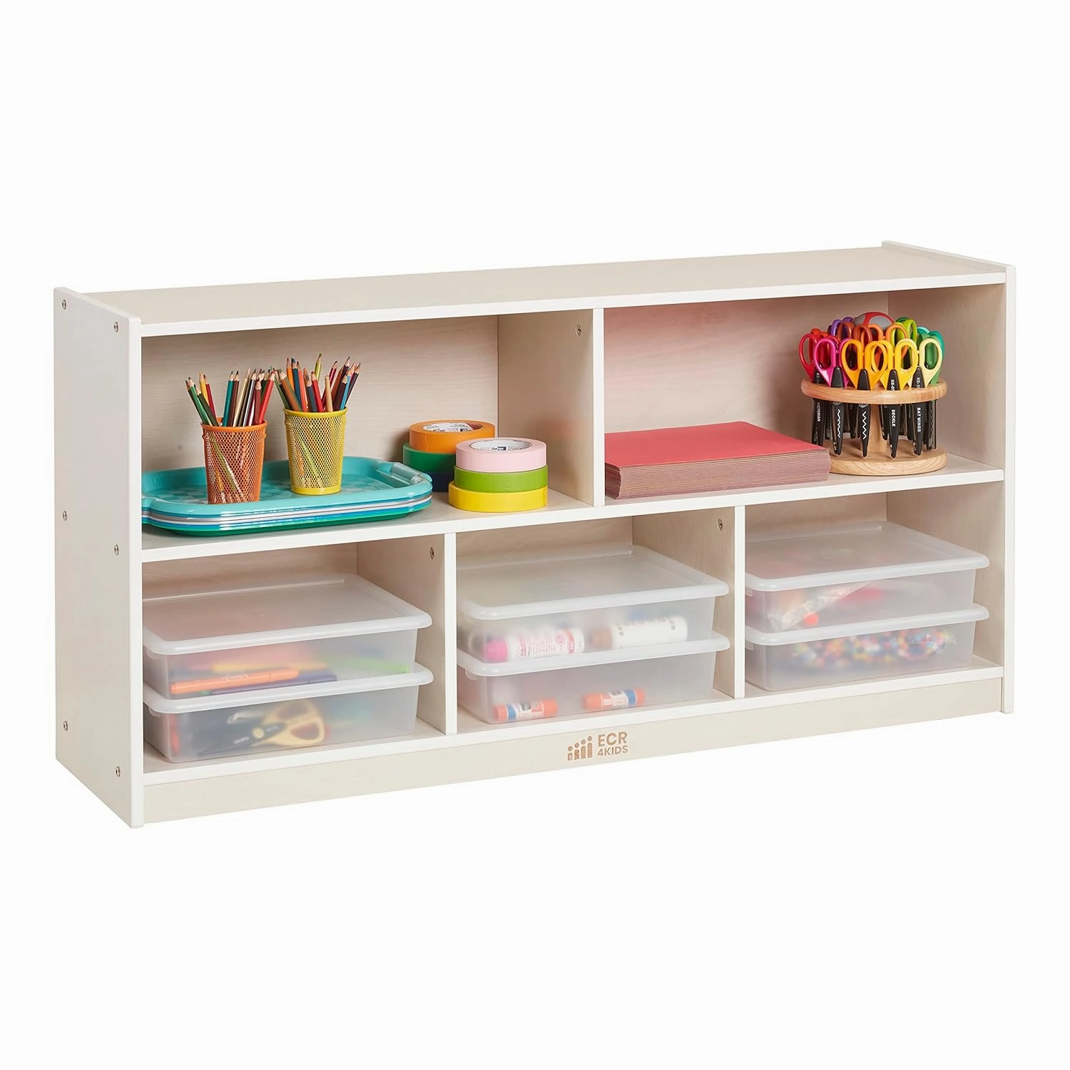 ECR4Kids 5-Compartment Mobile Storage Cabinet, 24in, Classroom Furniture, White Wash