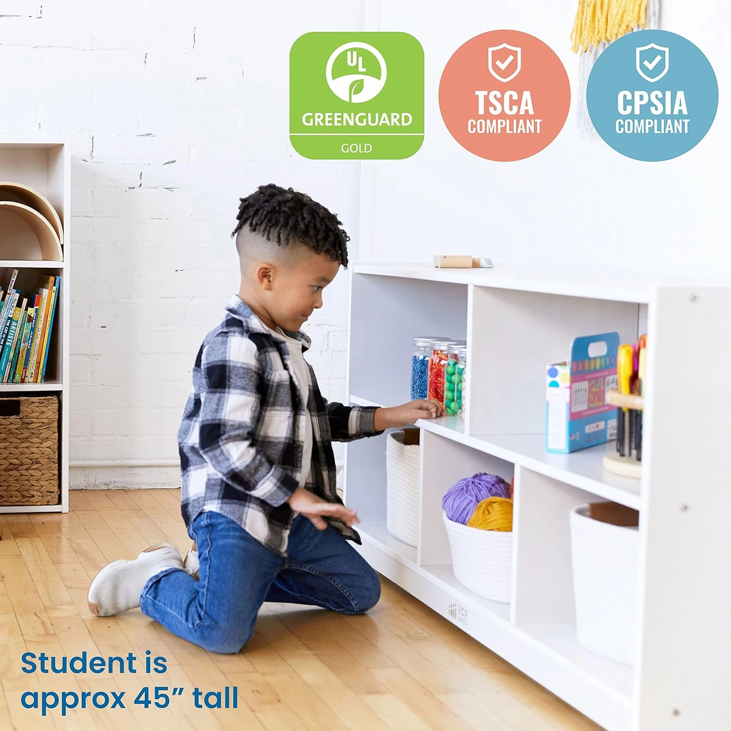 ECR4Kids 5-Compartment Mobile Storage Cabinet, 24in, Classroom Furniture, White Wash