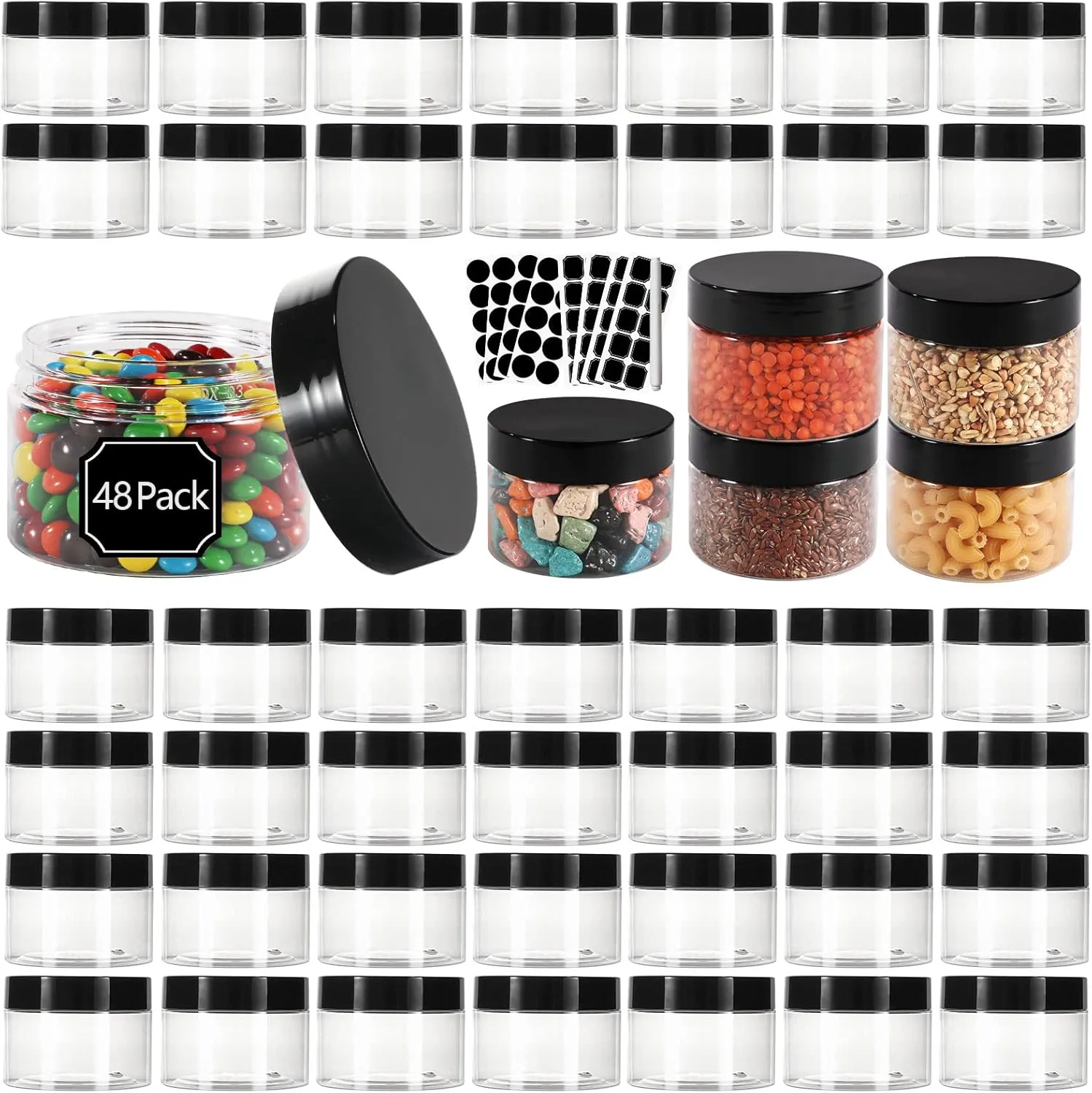 EkkoVla 48 Pack 4 oz Clear Plastic Jars Wide Mouth Round Containers with Black Lids BPA FREE, Empty Multi-use Refillable Storage Jar with Airtight Lid for Cosmetics Beauty Products