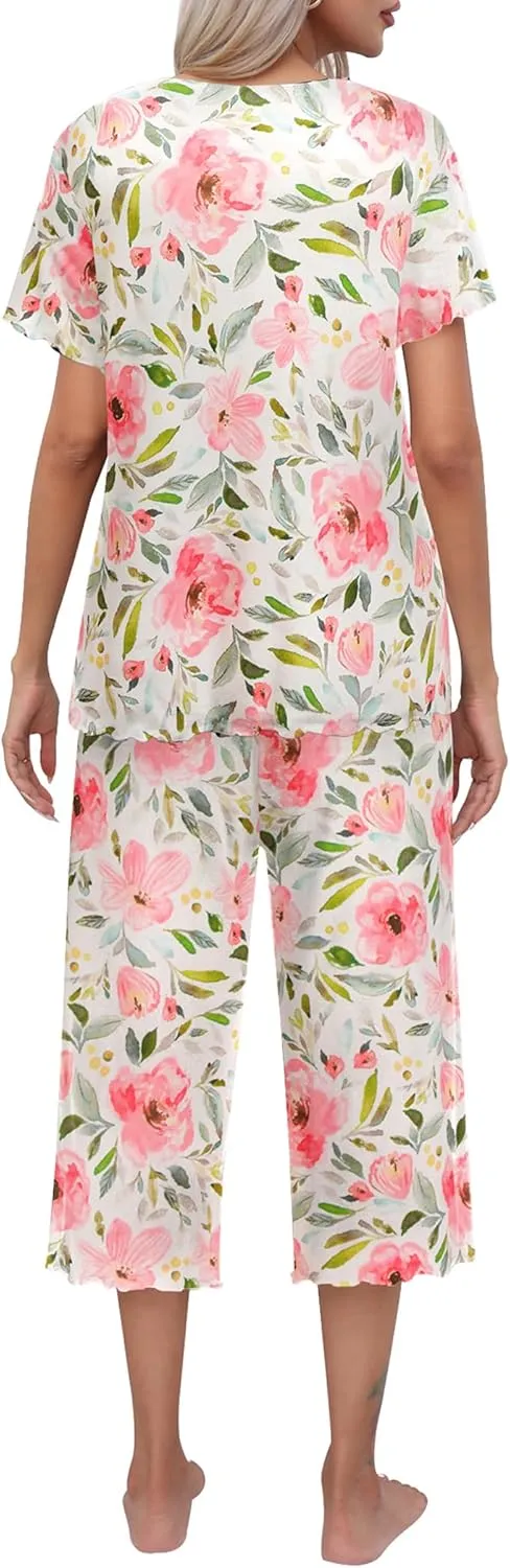 Ekouaer Women's Pajamas Set Short Sleeve Top With Capri Pants Pjs Lounge & Sleepwear Set S-XXL