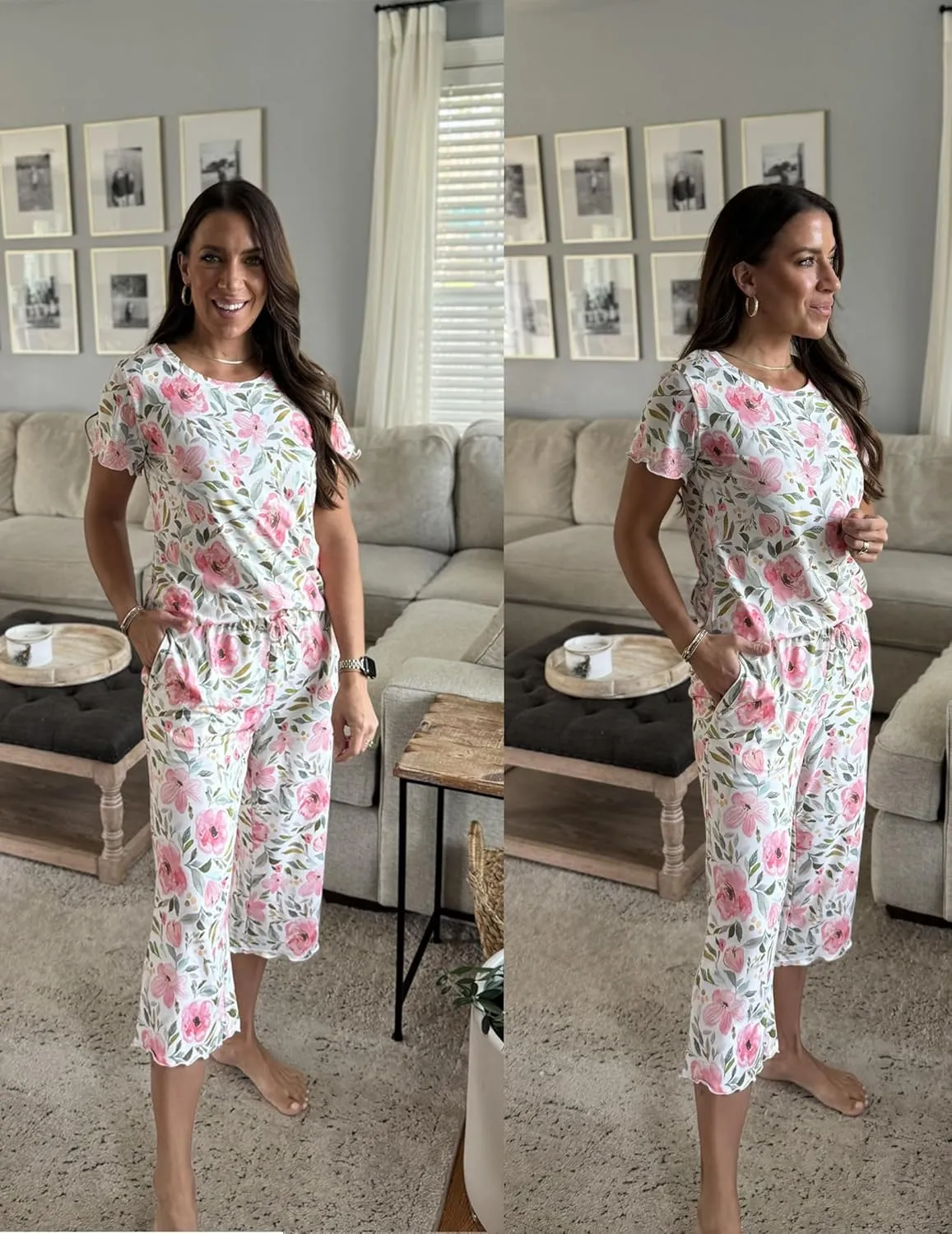 Ekouaer Women's Pajamas Set Short Sleeve Top With Capri Pants Pjs Lounge & Sleepwear Set S-XXL