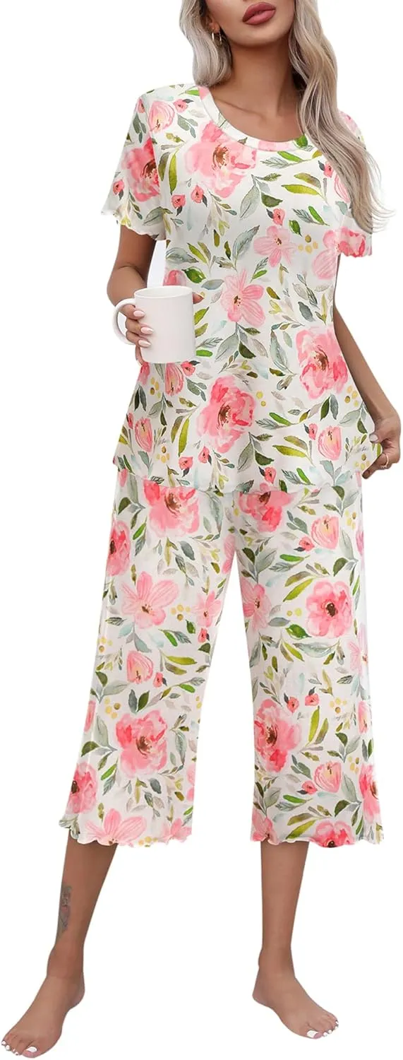 Ekouaer Women's Pajamas Set Short Sleeve Top With Capri Pants Pjs Lounge & Sleepwear Set S-XXL