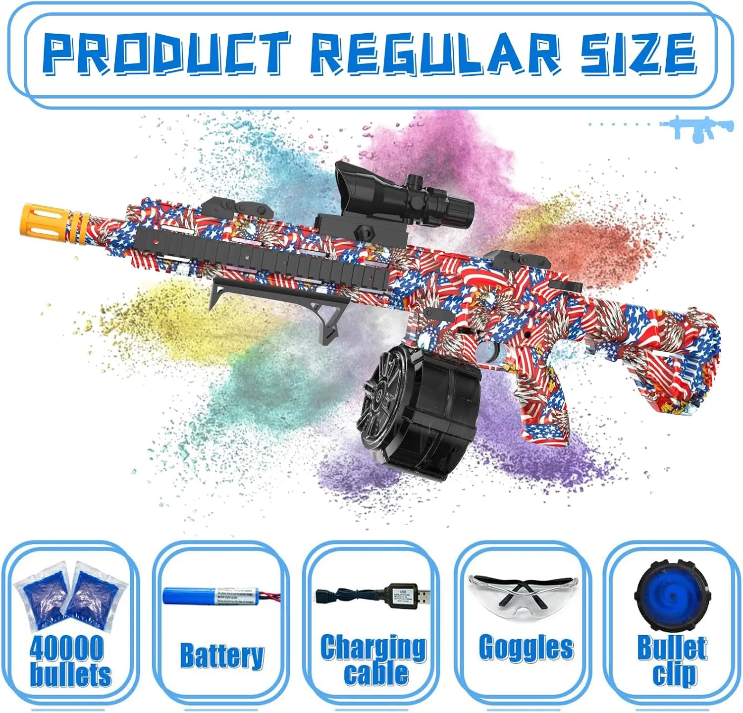 Electric Gel Ball Blaster, High Speed Automatic Splatter Ball Blaster with 40000  and Goggles, Rechargeable Splatter Ball Toys for Outdoor Activities Shooting Game Party Favor-Flag