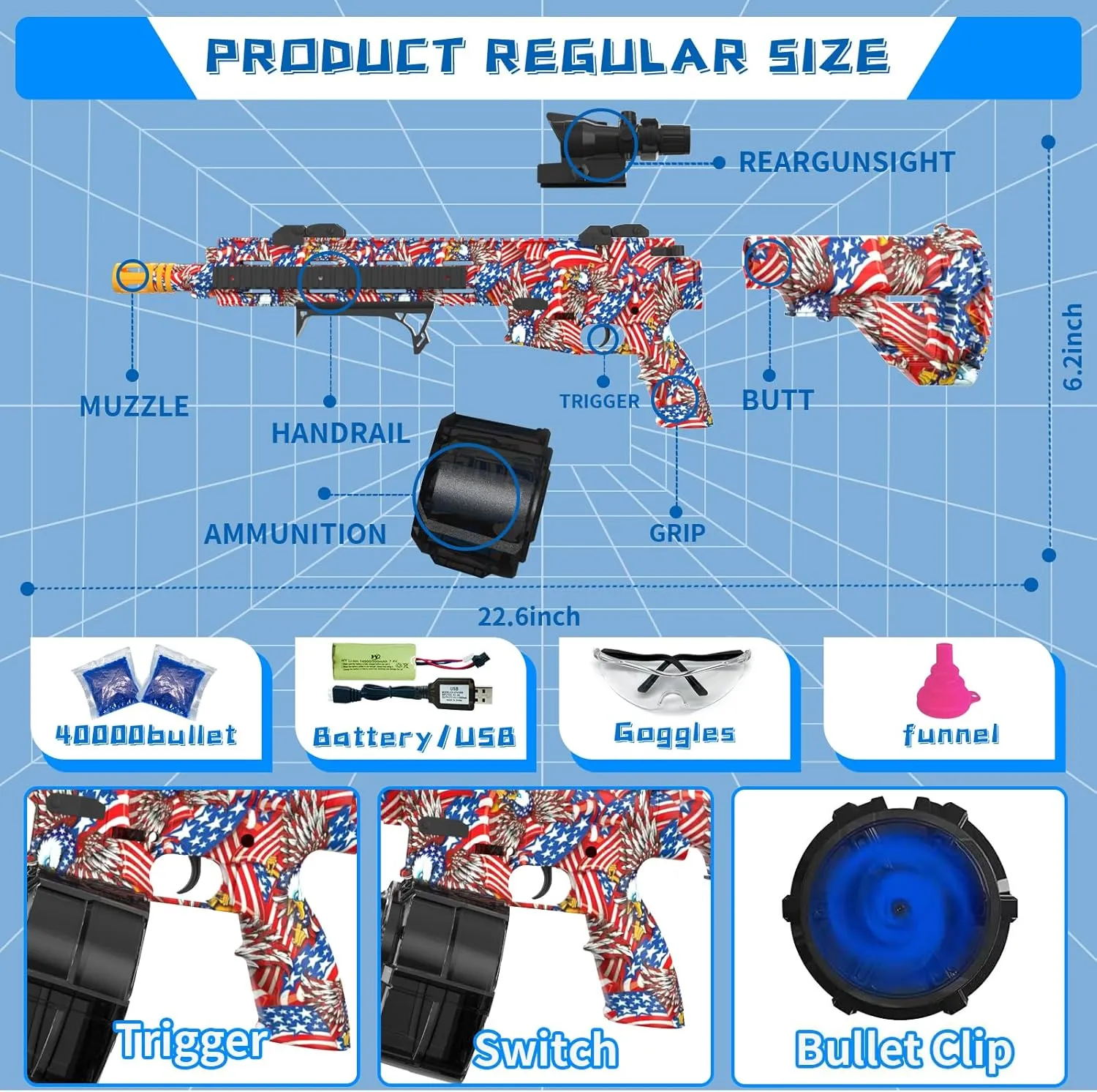 Electric Gel Ball Blaster, High Speed Automatic Splatter Ball Blaster with 40000  and Goggles, Rechargeable Splatter Ball Toys for Outdoor Activities Shooting Game Party Favor-Flag