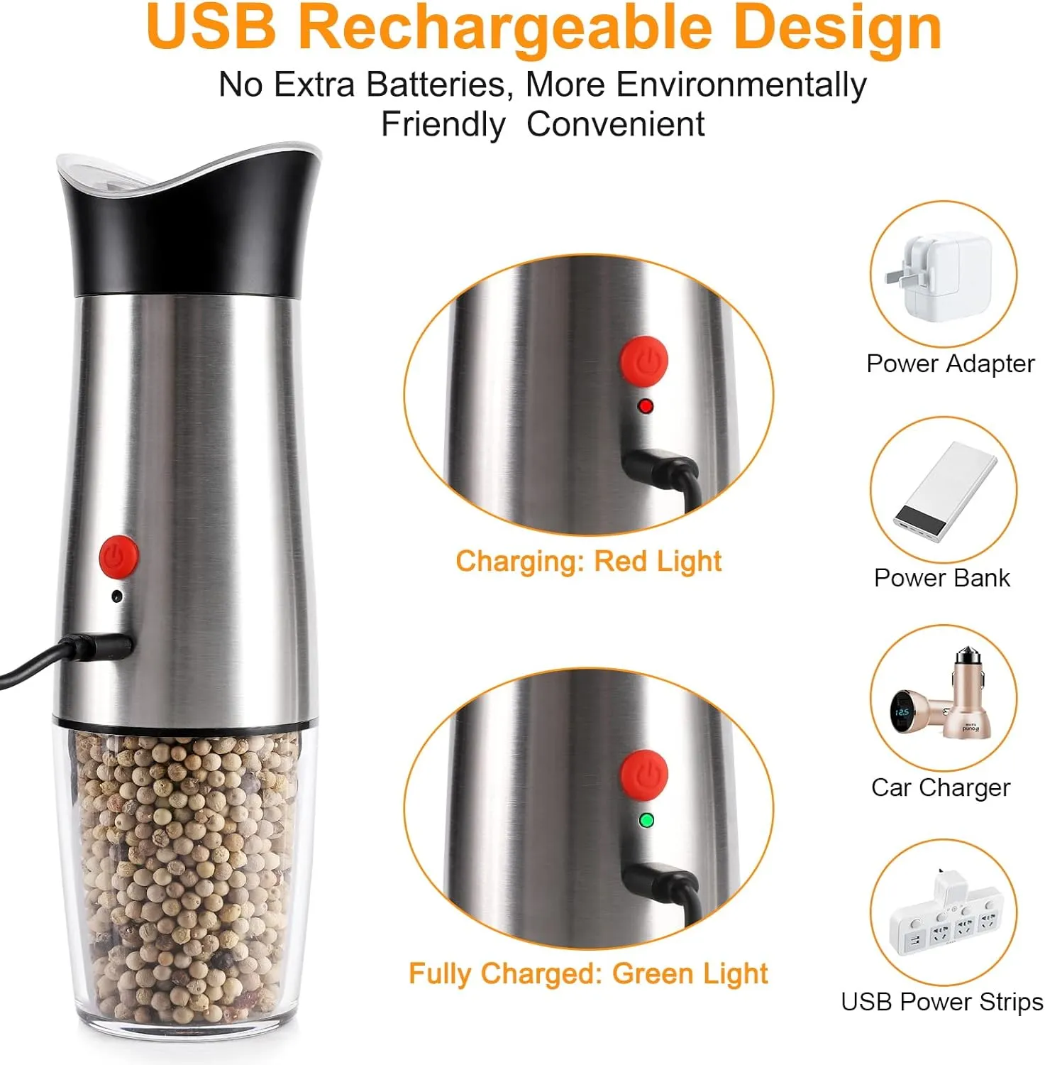 Electric Salt and Pepper Grinder Set: - for Gravity Automatic Sea Salt Grinder Set Spice Pepper Shakers with Adjustable Coarseness USB Rechargeable Battery Power Peppercorn Mill