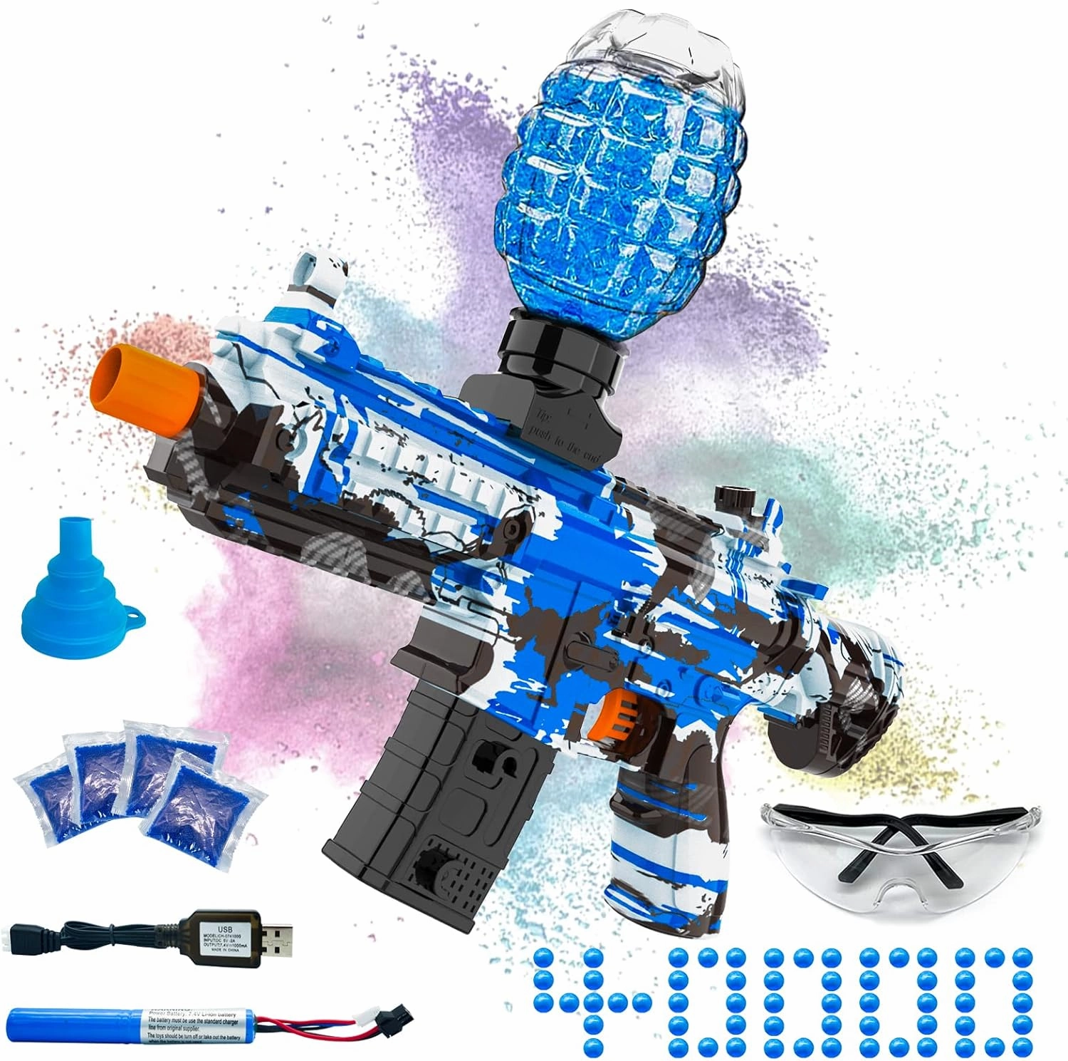 Electric Gel Ball Blaster, High Speed Automatic Splatter Ball Blaster with 40000  and Goggles, JIFTOK Rechargeable Splatter Ball Toys for Outdoor Activities Shooting Game Party Favors-Blue