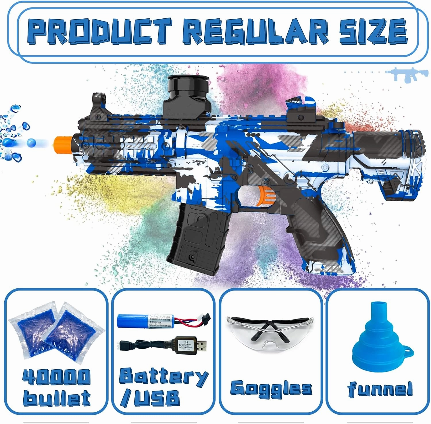 Electric Gel Ball Blaster, High Speed Automatic Splatter Ball Blaster with 40000  and Goggles, JIFTOK Rechargeable Splatter Ball Toys for Outdoor Activities Shooting Game Party Favors-Blue