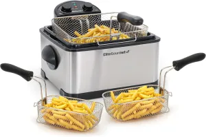 Elite Gourmet EDF-401T Electric 4.5 Qt. / 17 Cup Immersion Deep Fryer 3-Baskets, 1700-Watt, Timer Control Adjustable Temperature, Lid with Viewing Window and Odor Free Filter