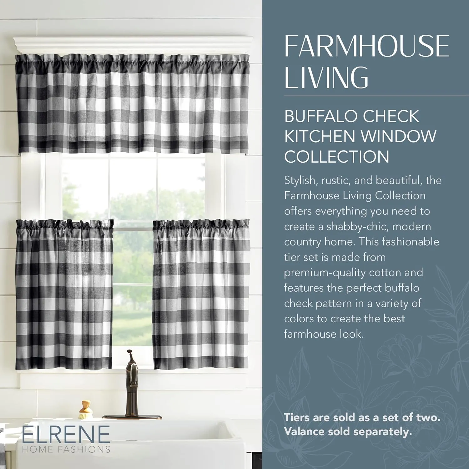 Elrene Home Fashions Farmhouse Living Buffalo-Check Tier Curtain Set for Bathroom or Kitchen Curtains, 30" x 24"(Set of 2 Tiers), Black/White