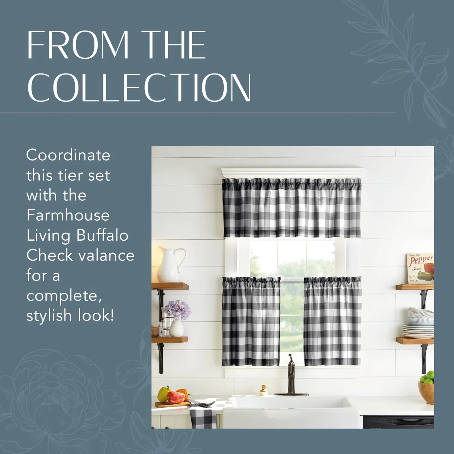 Elrene Home Fashions Farmhouse Living Buffalo-Check Tier Curtain Set for Bathroom or Kitchen Curtains, 30" x 24"(Set of 2 Tiers), Black/White
