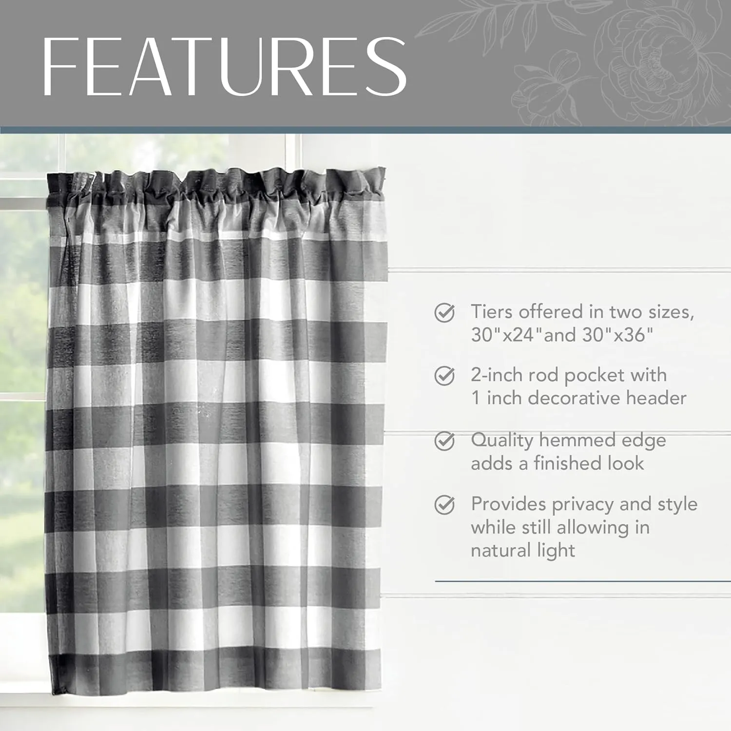 Elrene Home Fashions Farmhouse Living Buffalo-Check Tier Curtain Set for Bathroom or Kitchen Curtains, 30" x 24"(Set of 2 Tiers), Black/White