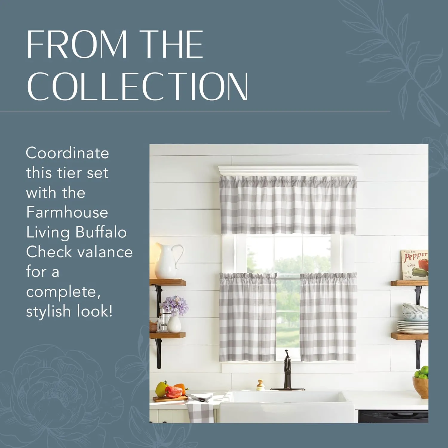 Elrene Home Fashions Farmhouse Living Buffalo-Check Tier Curtain Set for Bathroom or Kitchen Curtains, 30" x 24"(Set of 2 Tiers), Gray/White