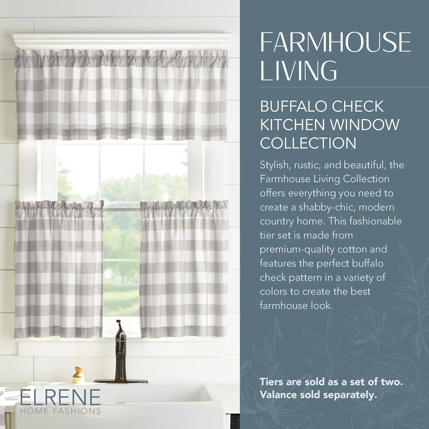Elrene Home Fashions Farmhouse Living Buffalo-Check Tier Curtain Set for Bathroom or Kitchen Curtains, 30" x 24"(Set of 2 Tiers), Gray/White