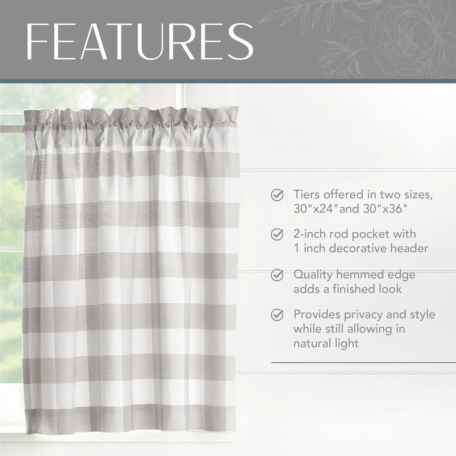 Elrene Home Fashions Farmhouse Living Buffalo-Check Tier Curtain Set for Bathroom or Kitchen Curtains, 30" x 24"(Set of 2 Tiers), Gray/White