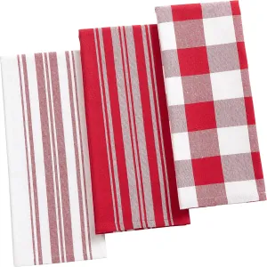 Elrene Home Fashions Farmhouse Living Stripe and Check Kitchen Towels, 17" x 28" (Set of 3), Red/White 3